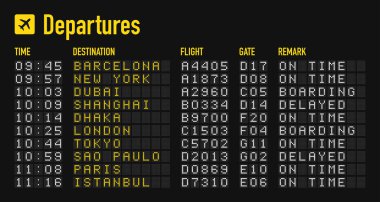 Havaalanı kalkış panosu. Dijital LED havaalanı kalkış panosu. Dijital gidiş ve havaalanı yönetim kurulu. Vektör