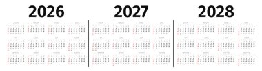 2026, 2027 ve 2028 için yıllık takvim. 2026, 2027 ve 2028 takvim şablonu siyah ve beyaz renklerde. Yıllık takvim modeli. Hafta pazar günü Amerikan usulü başlıyor. Vektör