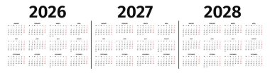2026, 2027 ve 2028 için yıllık takvim. 2026, 2027 ve 2028 takvim şablonu siyah ve beyaz renklerde. Beyaz arka planda yıllık takvim modeli. Hafta pazartesi başlıyor. Vektör