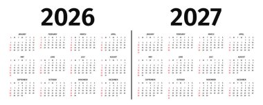 2026 ve 2027 için yıllık takvim. 2026 ve 2027 için siyah beyaz takvim şablonu. Beyaz arka planda yıllık takvim modeli. Hafta pazar günü Amerikan usulü başlıyor. Vektör