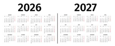 2026 ve 2027 için yıllık takvim. 2026 ve 2027 için siyah beyaz takvim şablonu. Beyaz arka planda yıllık takvim modeli. Hafta pazartesi başlıyor. Vektör