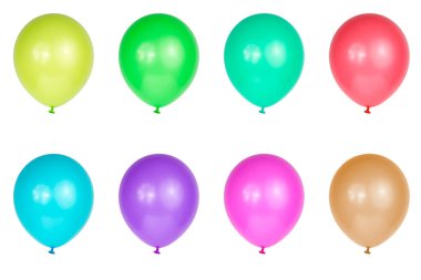 Beyaz arkaplanda çok renkli bir dizi balon izole edildi.