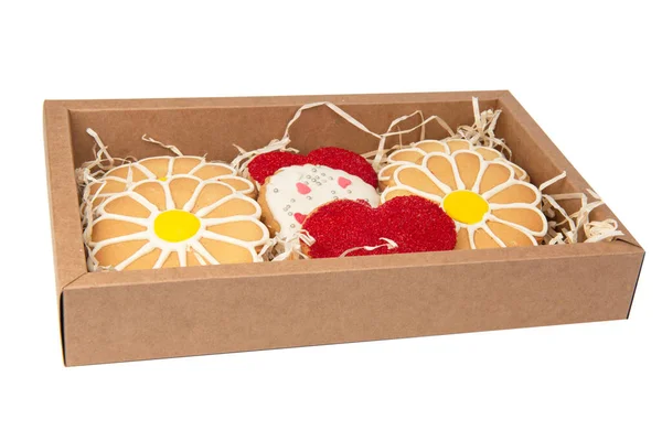 Biscoito Forma Coração Flor Com Cobertura Açúcar Rosa Caixa Isolada — Fotografia de Stock