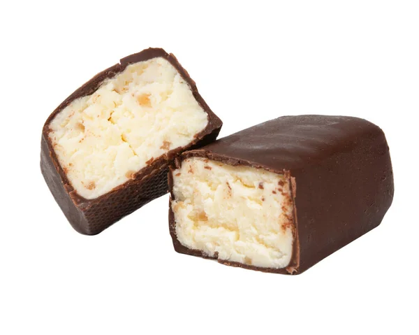Glazed cheese in milk chocolate broken into halves on a white isolated background