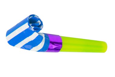 Beyaz arka planda izole edilmiş parti için renkli boynuz ses çıkarıcı yuvarlandı