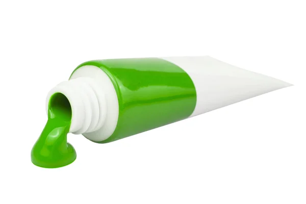 带污迹的丙烯酸绿色漆管 白色底座隔离 — 图库照片