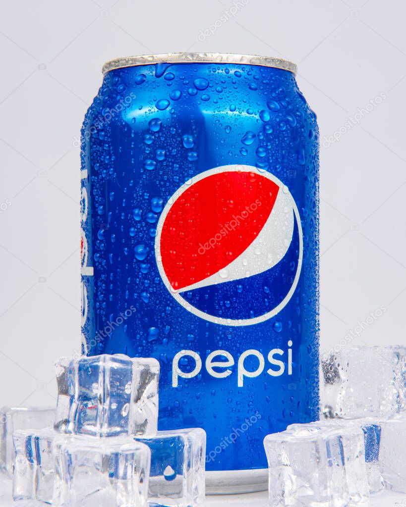 VINNYTSA, UKRAINE, JULY,28-2023: footage of tin can or metal bottle of Pepsi light taste on white background