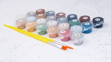 Kapları numaralarına göre ev resim boyaları ile kümesi. Hobi resim tuval ile akrilik rakamlarla boyar. Boya fırçaları ve renkli boyalar.