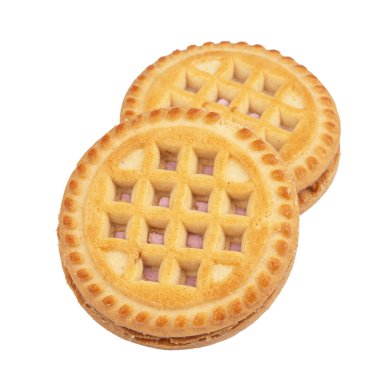 Beyaz üzerine krema izole edilmiş lezzetli sandviç kurabiyeleri.