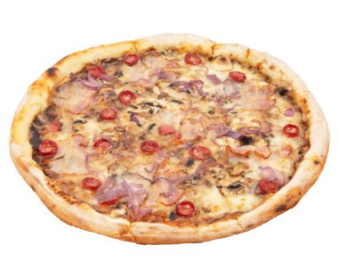 Lezzetli klasik İtalyan Pizza baharatlı tavuk, mantar ve peynir beyaz arka plan üzerinde izole.