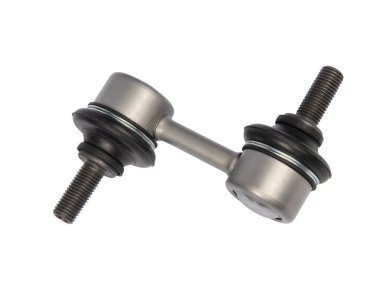 Arabanın ön süspansiyon kolu beyaz arka planda izole edilmiş. Araba süspansiyonu için yedek parça..