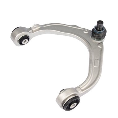 Arabanın ön süspansiyon kolu beyaz arka planda izole edilmiş. Araba süspansiyonu için yedek parça..