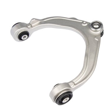 Arabanın ön süspansiyon kolu beyaz arka planda izole edilmiş. Araba süspansiyonu için yedek parça..