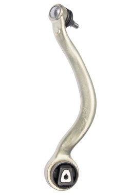 Beyaz arka planda bir aracın yeni süspansiyon kolu. Yeni süspansiyon, beyaz arka planda izole edilmiş aracın daha düşük kontrol kolu