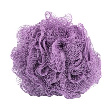 Beyaz arka planda izole edilmiş banyo için yumuşak tüylü duş süngeri.