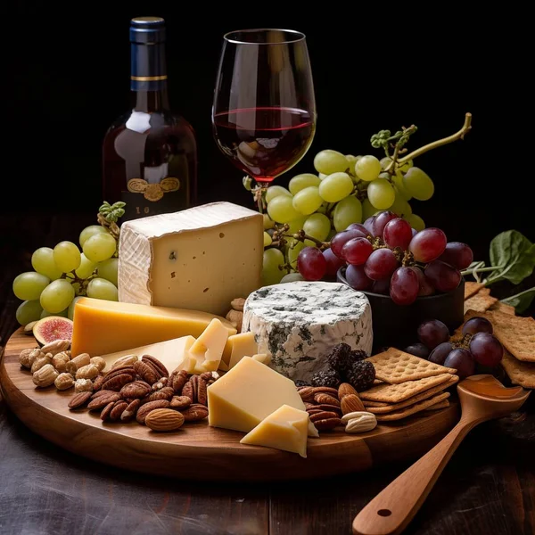 wine and cheese on a black wooden table