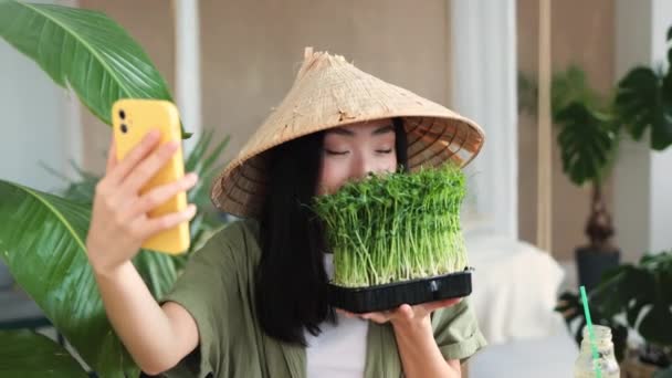 伝統的な帽子の美しいアジアの女性ブロガーは 野菜の果物やマイクログリーンのもやしサラダを作り 熱帯リゾートのエキゾチックな光スタジオで健康的なディナーを楽しむソーシャルメディアのためのビデオを作ります — ストック動画