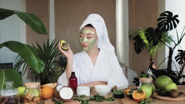 Attractive Asian Woman Sitting Table Ingredients Homemade Cosmetics Holding Fresh — Stock Video