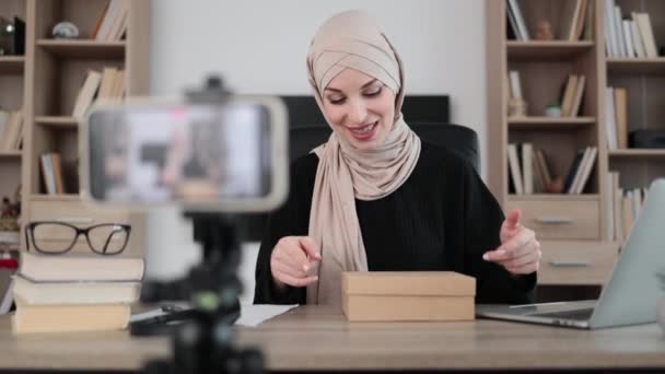 Pleasant Muslim Woman Filming Video Modern Phone Camera While Opening — Stockvideo