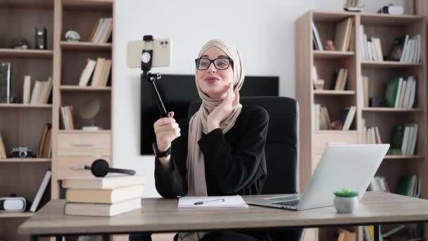 Happy Arab Woman Headscarf Taking Selfie Modern Phone Stick Showing — Video