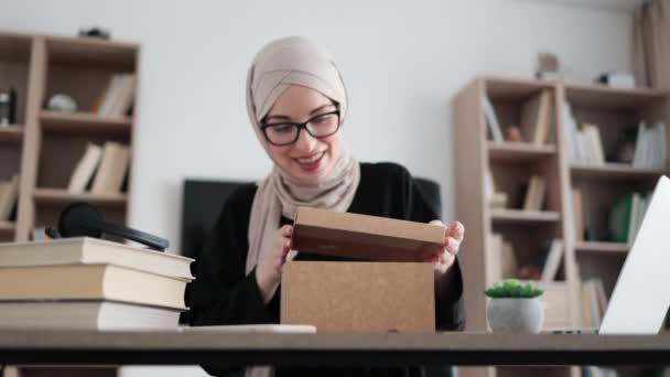 First Person View Muslim Female Blogger Opening Gift Box While — Stock video
