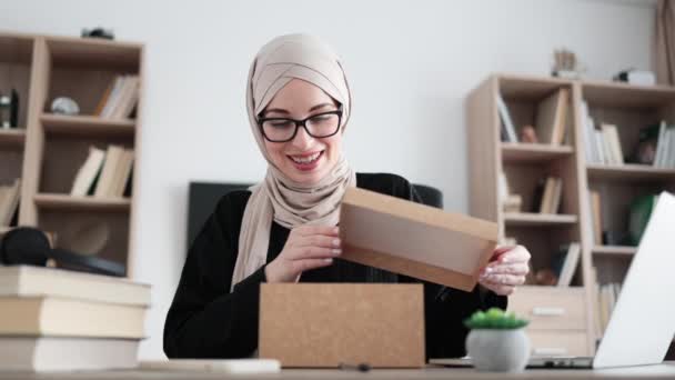 First Person View Muslim Female Blogger Opening Gift Box While — Stock video