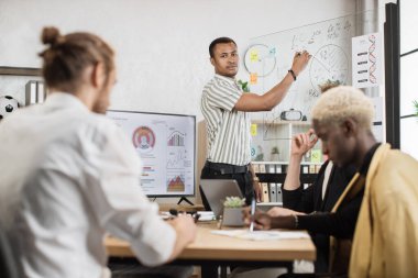 African american man pointing on glass board with financial report during conference with multiracial male partners. Business men colleagues gathering at office room for brainstorming.