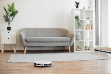 Gelişmiş robotik elektrik süpürgesi güneşli bir günde sıcak bir dairede havadar oturma odasını süpürüyor. Verimli ev aletleri sert zemini ve yumuşak halıyı uzaktan kumandayla ya da telefon uygulaması ile düzenli tutar.
