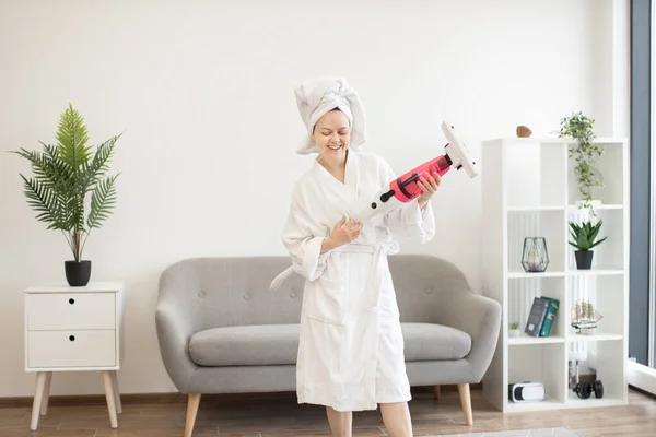 Smiling Young Adult Dressing Dress Holding Stick Vacuum Hands Pretending — Stok Foto