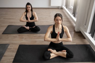 Aktif giyimli güzel yetişkin kadınlar meditasyon odasındaki minderlerin üzerinde lotus poziyonu alıyorlar. Kadın yoga pratisyenleri Padmasana 'yı anjali mudra ile çalıştırırken denge ve esnekliği geliştiriyorlar..