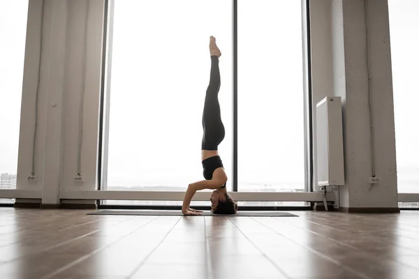 Concentrato Femminile Forte Facendo Yoga Mentre Piedi Sulla Testa Posa — Foto Stock