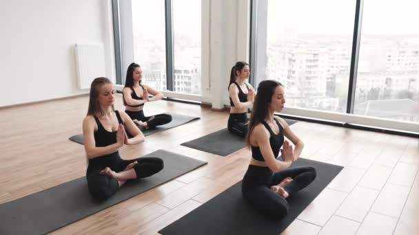 Schöne Erwachsene Frauen Aktiver Kleidung Nehmen Lotusstellung Auf Matten Meditationsraum — Stockvideo