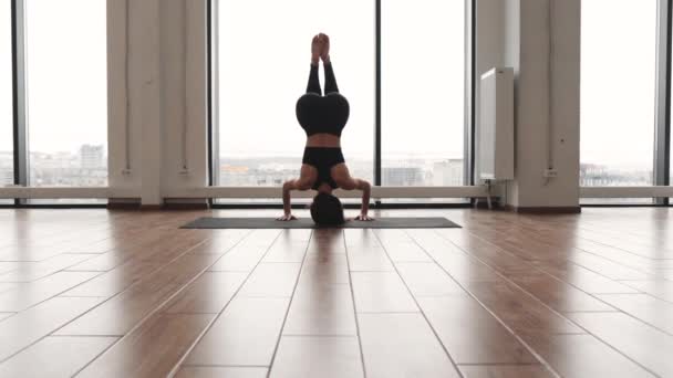 Mujer Fuerte Concentrada Haciendo Yoga Mientras Está Pie Sobre Cabeza — Vídeo de stock