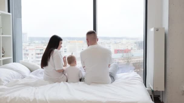 Back View Young Parents Holding Cute Infant While Sitting Soft — Stock Video