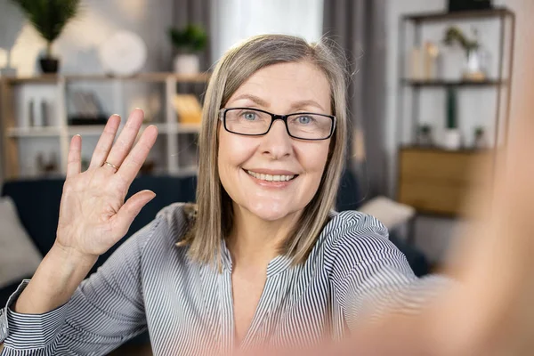 First Person View Smiling Middle Aged Female Glasses Showing Hello — Stock Photo, Image