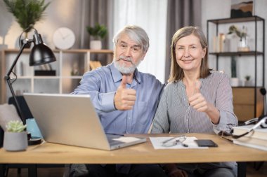 Gülümseyen son sınıf öğrencisi erkek ve kadın evdeki masa başında otururken başparmaklarını gösteriyorlar. Neşeli gri saçlı karı-koca uzak çalışma ortamında modern yaşam tarzının faydalarından faydalanıyor..