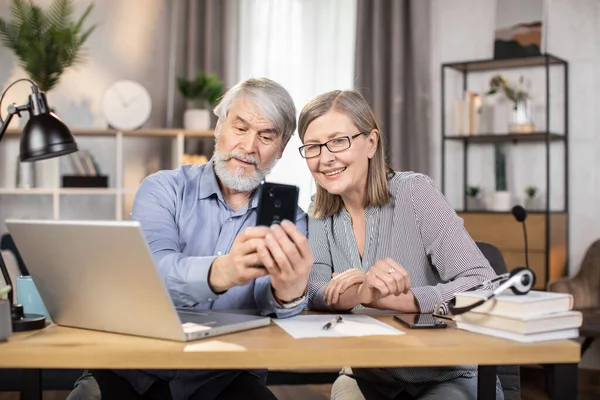 Cheerful Mature Lady Snuggling Attractive Senior Man While Posing Self — Stock Photo, Image