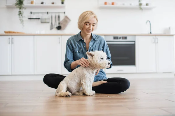 Calm female in everyday wear holding white medium-sized terrier while resting after working day at home. Pretty short-haired blonde patting her cute Westie lovingly while feeling safe at home.
