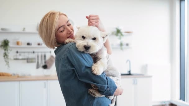 Mooie Vrouw Jeans Shirt Met Middelgrote Hond Schouder Terwijl Lichte — Stockvideo