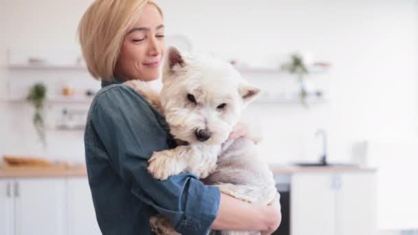Portrait Smiling Blonde Lady West Highland White Terrier Arms Posing — Stock Video