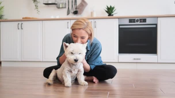 Adulto Feminino Caucasiano Feliz Roupas Casuais Esfregando Orelhas Pequeno Terrier — Vídeo de Stock