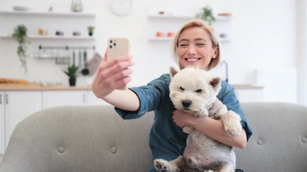 Όμορφη Θηλυκή Λήψη Selfie Μεσαίου Μεγέθους Τεριέ Στο Smartphone Ενώ — Αρχείο Βίντεο