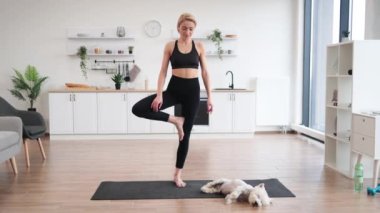 Ağaç Pozu 'nda elleri Anjali Mudra' da minder üzerinde tatlı köpek şekerlemesi yapan neşeli atletik kadının tam boy portresi. Vrikshasana 'da genç, beyaz, yetişkin bir zihin. Yoga antrenmanında..