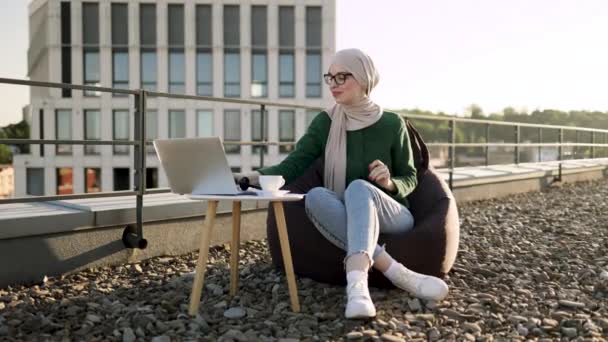 Carefree Young Female Wearing Hijab Glasses Meditating Bean Bag Chair — Stock Video