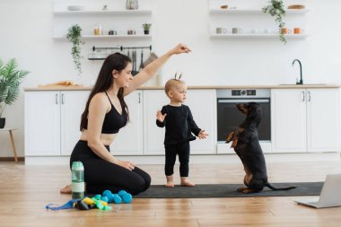 Aktif kıyafetli gülümseyen kadın köpekleri havada tedavi ederken tatlı siyah Dachshund küçük kızın yanında oturuyor. Evcil hayvan sahipleri evde spor yaptıktan sonra hayvanlar için alıştırma yapıyorlar..