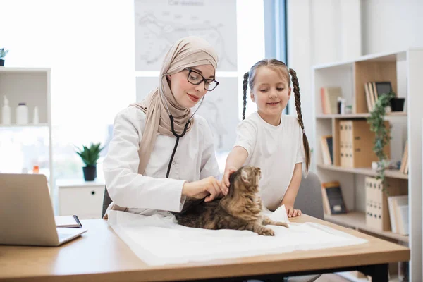Laborköpenyes Muszlim Hölgy Sztetoszkóppal Hallgatja Macskák Tüdejét Miközben Kaukázusi Lány — Stock Fotó