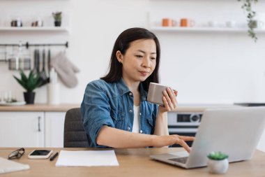 Modern dizüstü bilgisayarda yazarken günlük kıyafetleriyle fincandan bir yudum alan genç bir kadın. Kendine güvenen bir iş kadını şirketi uzaktan yönetirken evin içini kullanıyor..