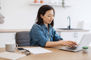 Mutfakta kalırken, rahat kıyafetli, taşınabilir dijital cihaz kullanan çekici bir kadının yan görüntüsü. Düşünceli Japon kadın araştırma projesi için online kütüphaneden kitap indiriyor..