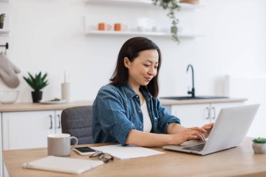 Rahat giyimli barışçıl Vietnamlı kadın modern mutfağın yaratıcı iç mekanında kablosuz teknolojiler kullanıyor. Rahat iş kadını, şirket e-posta hesabını içerideki taşınabilir bilgisayarla kontrol ediyor..