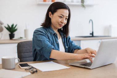 Rahat giyimli barışçıl Vietnamlı kadın modern mutfağın yaratıcı iç mekanında kablosuz teknolojiler kullanıyor. Rahat iş kadını, şirket e-posta hesabını içerideki taşınabilir bilgisayarla kontrol ediyor..